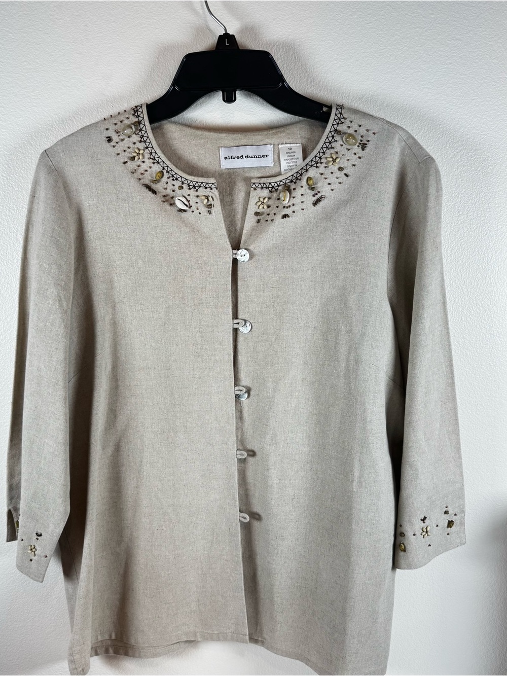 Alfred Dunner linen Beige Embroidered Button-Front Blouse